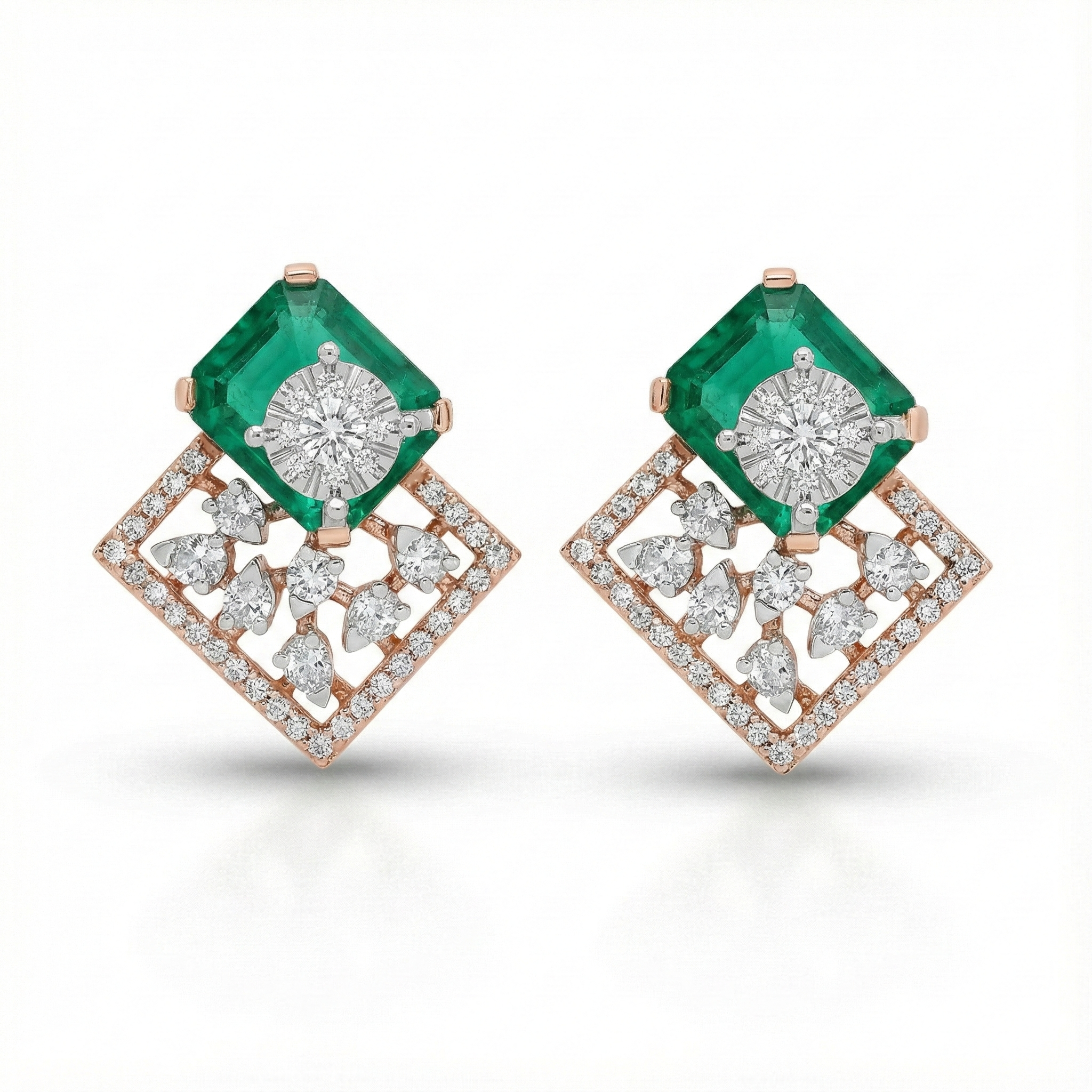 Emerald Princess Square Floral Diamond Earrings