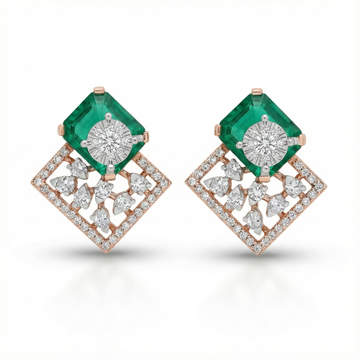 Emerald Princess Square Floral Diamond Earrings