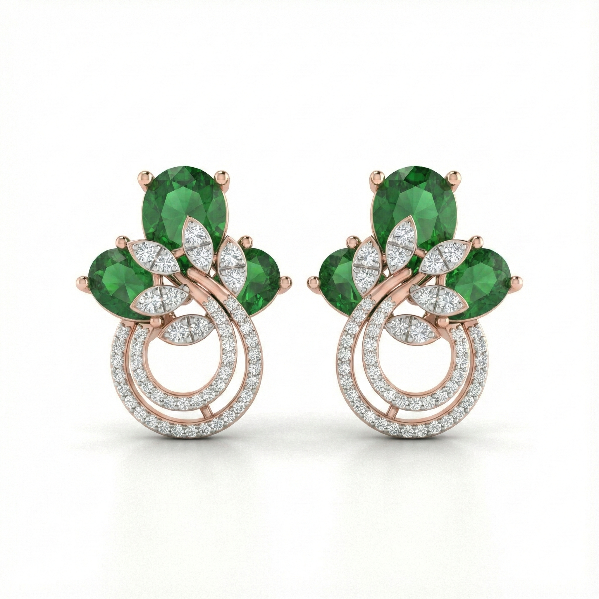 Emerald Cluster Diamond Designer Stud Earrings