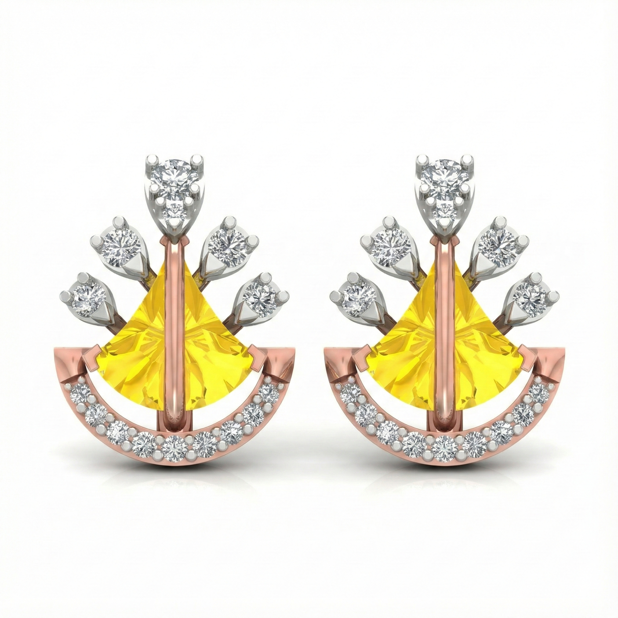 Yellow Fan-Shaped Gemstone & Diamond Stud Earrings