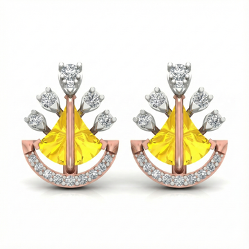Yellow Fan-Shaped Gemstone & Diamond Stud Earrings