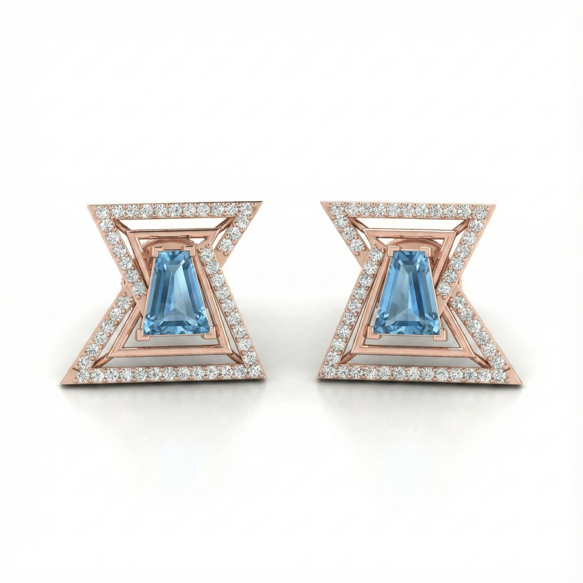 Geometric Halo Diamond Stud Earrings with Blue Gemstone