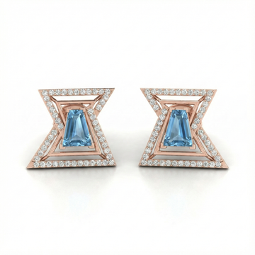 Geometric Halo Diamond Stud Earrings with Blue Gemstone