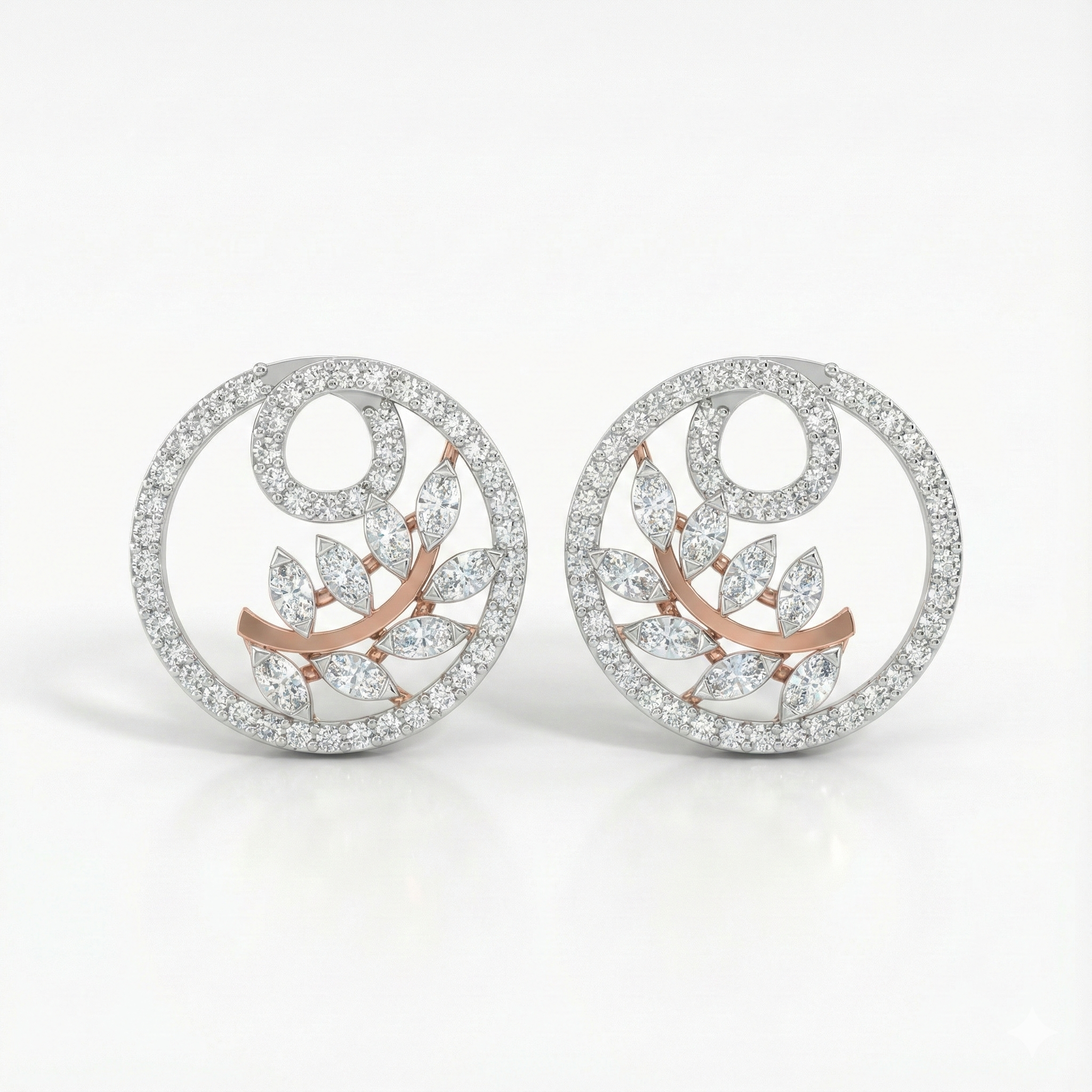 Circular Leaf Motif Diamond Stud Earrings