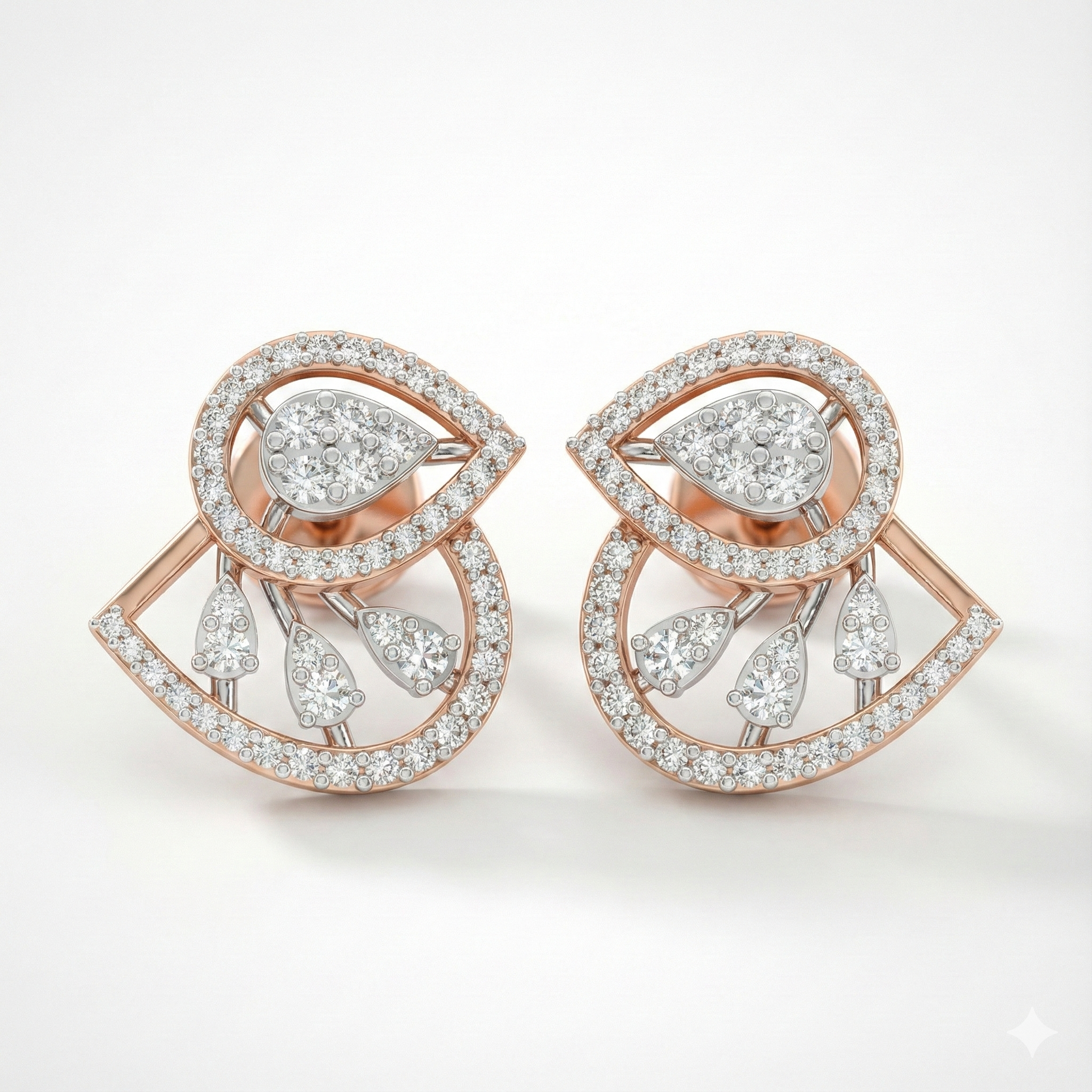 Dual Swirl Drop Cluster Diamond Earrings