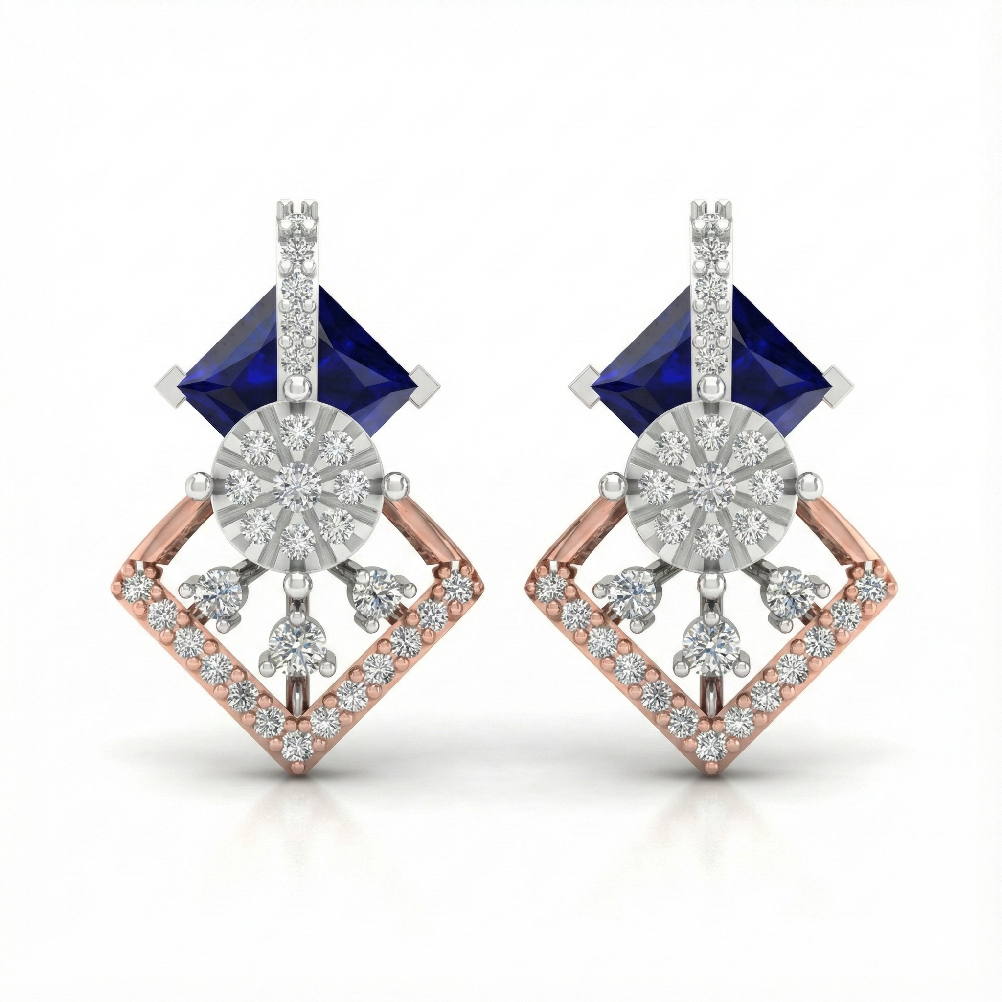 Royal Sapphire Princess Halo Diamond Earrings