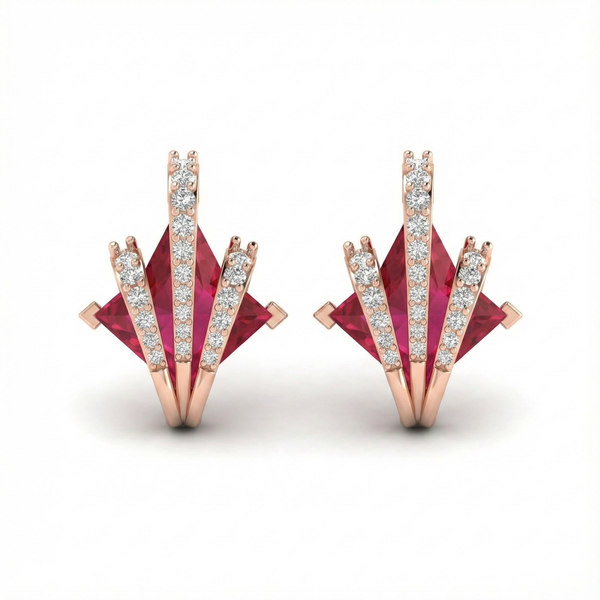Geometric Ruby-Tone & Diamond Stud Earrings