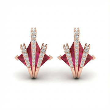 Geometric Ruby-Tone & Diamond Stud Earrings