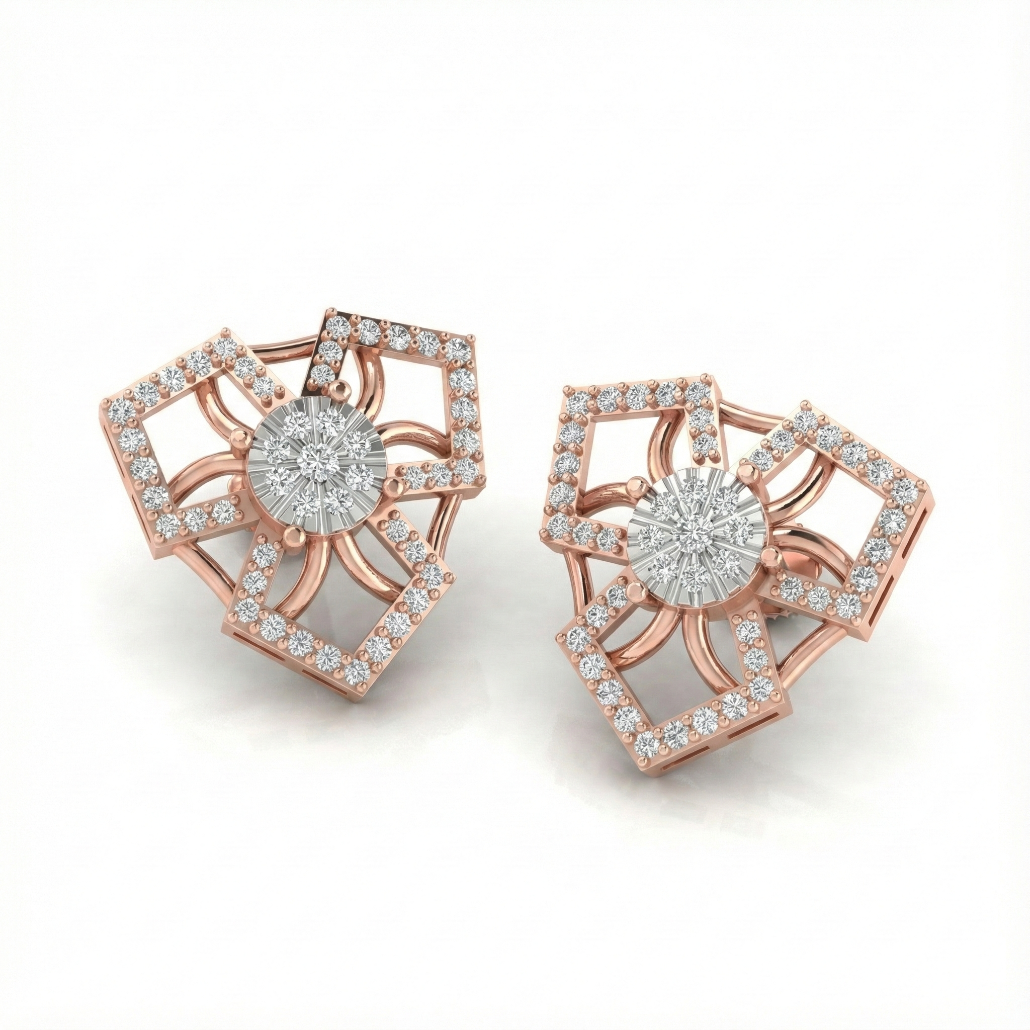 Floral Square Petal Cluster Diamond Earrings