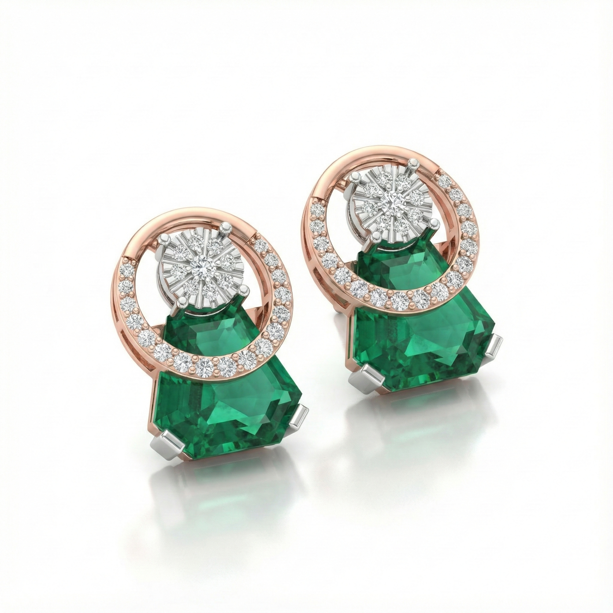 Modern Emerald Illusion Halo Diamond Earrings