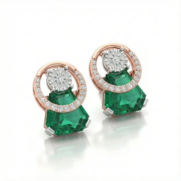 Modern Emerald Illusion Halo Diamond Earrings