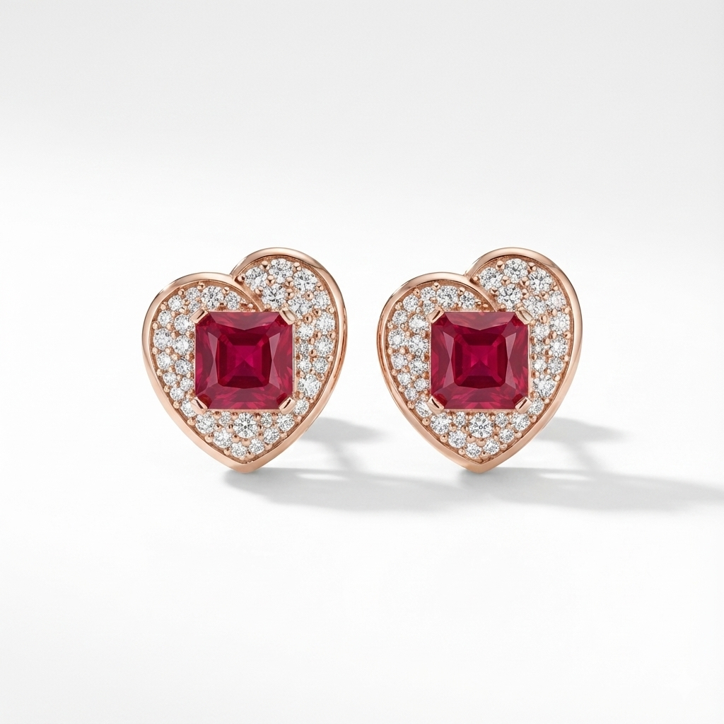 Heart-Shaped Ruby-Tone & Diamond Stud Earrings