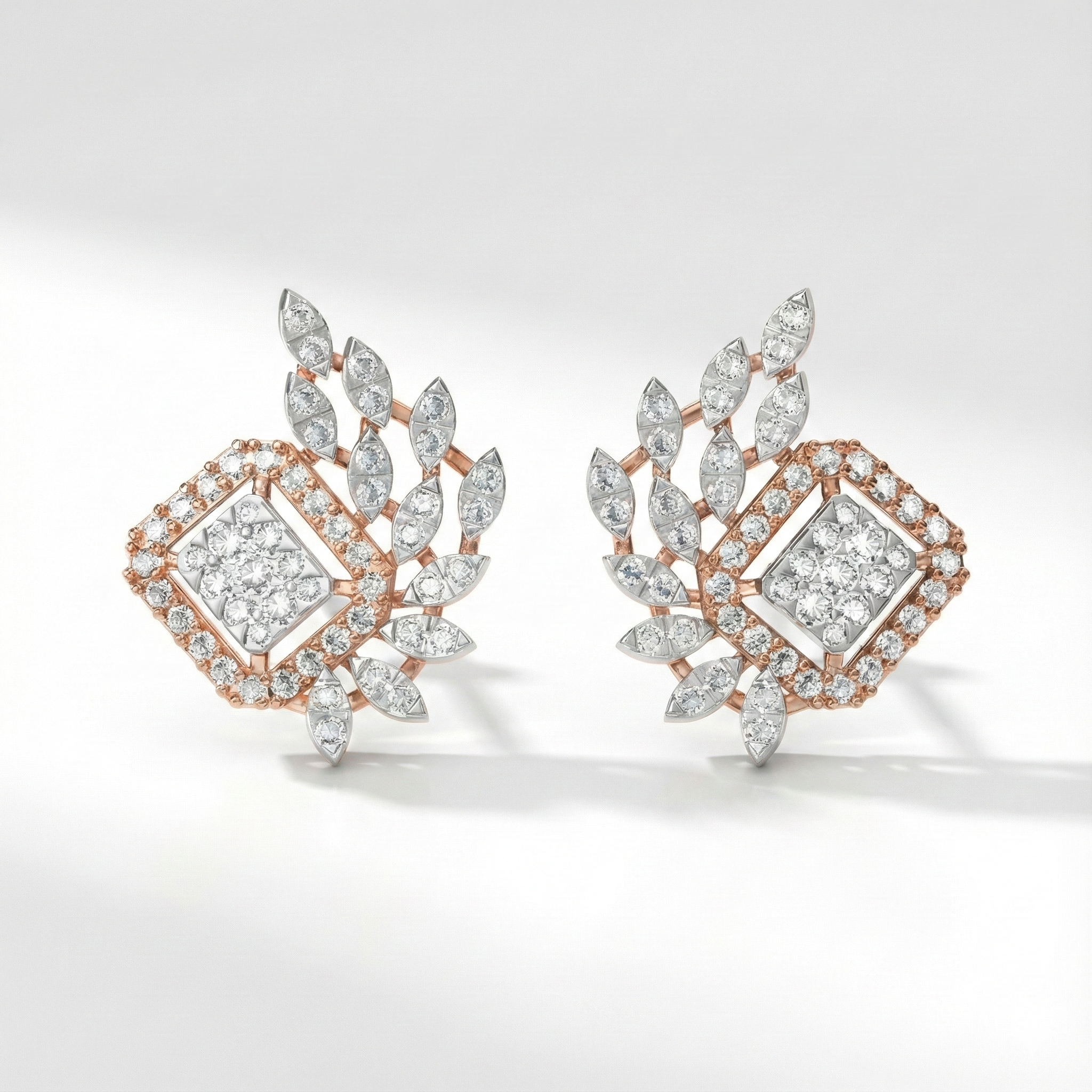 Diamond Leaf Frame Stud Earrings