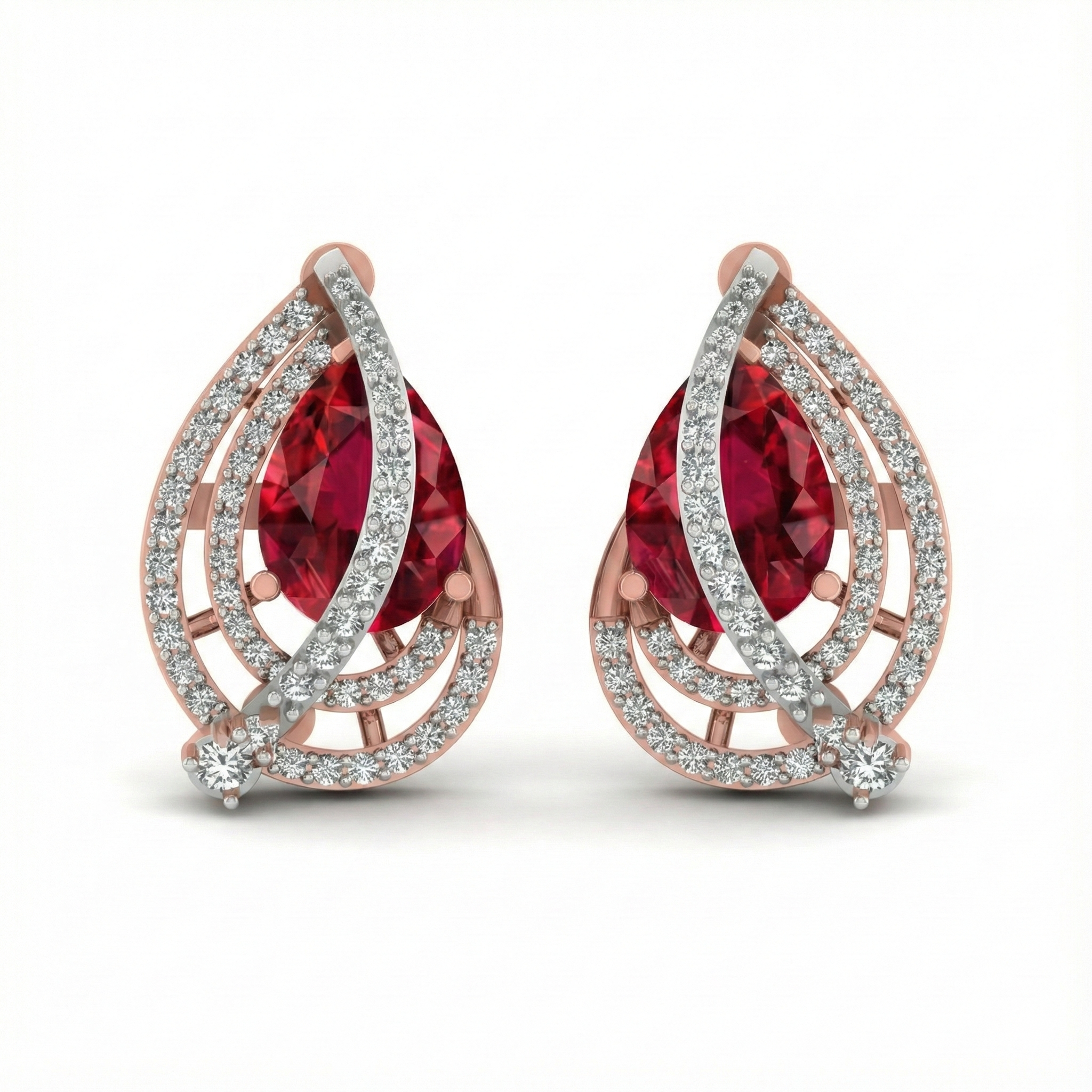 Elegant Wave Swirl Ruby Diamond Earrings