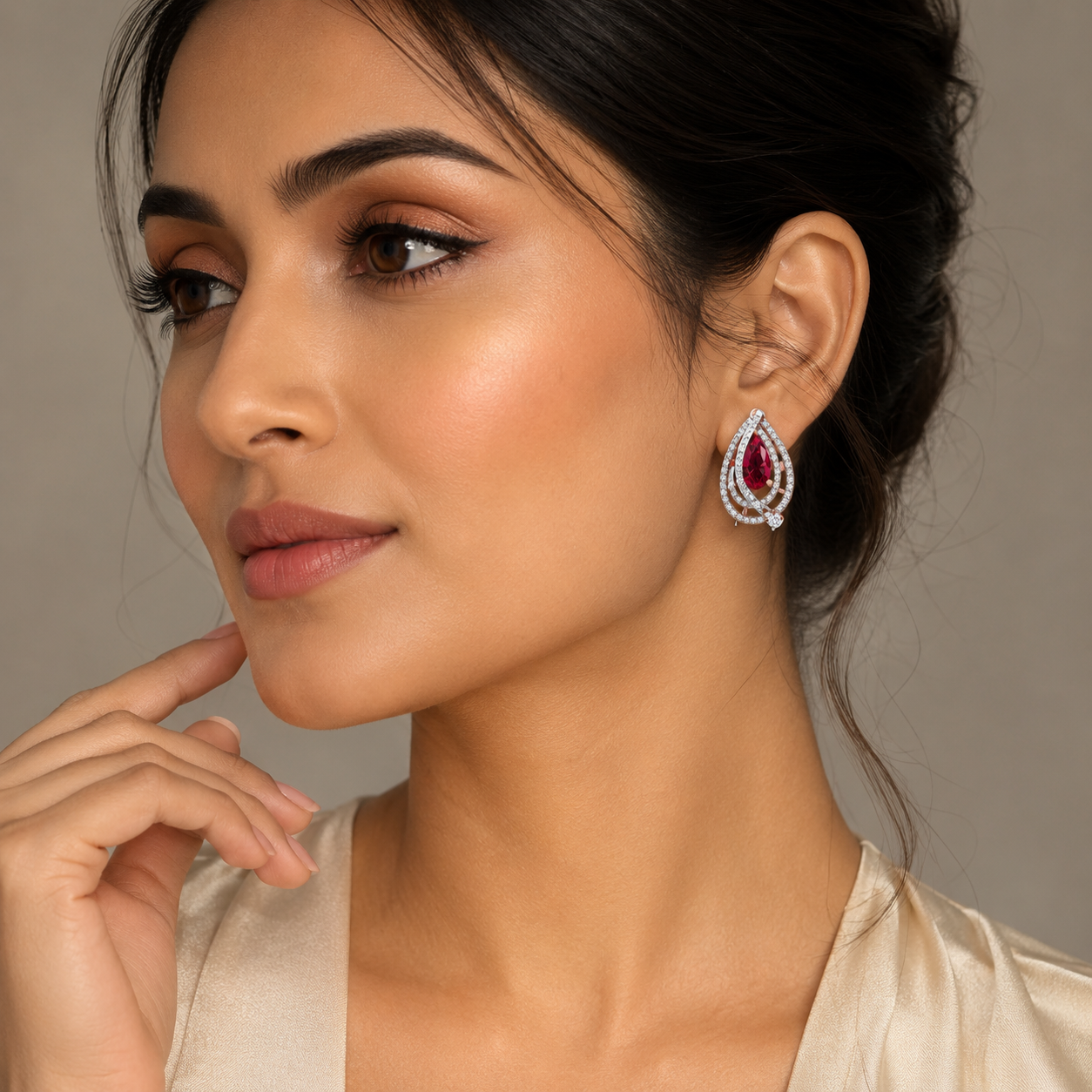 Elegant Wave Swirl Ruby Diamond Earrings