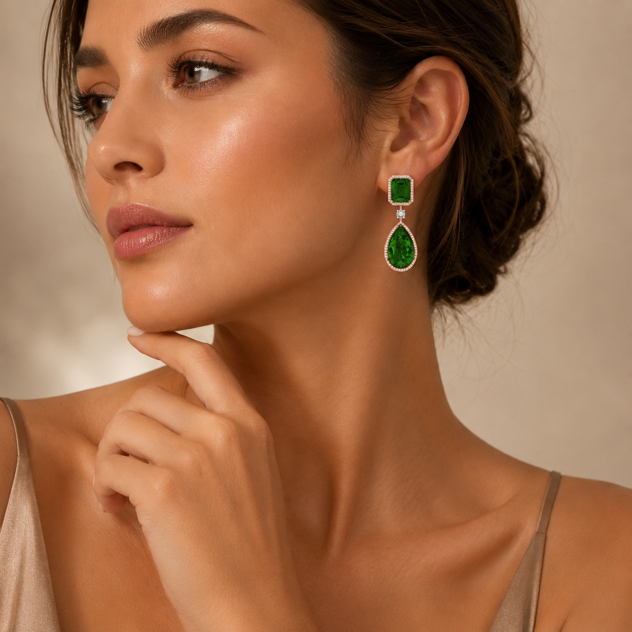 Emerald Halo Drop Statement Diamond Earrings