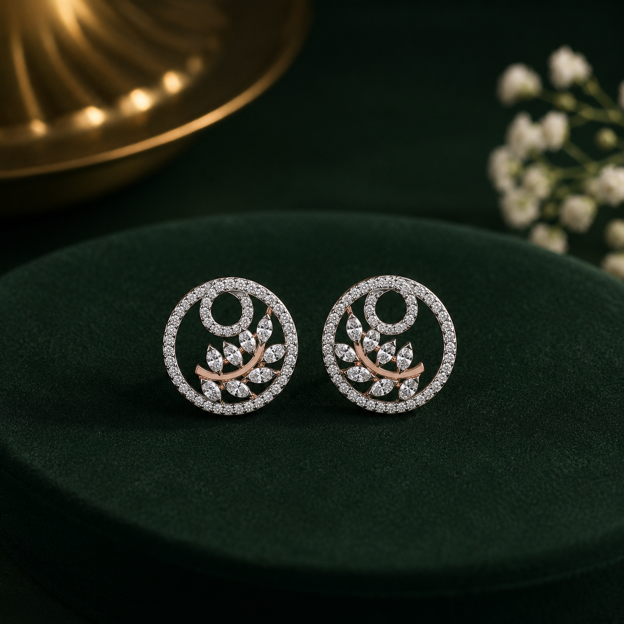 Circular Leaf Motif Diamond Stud Earrings