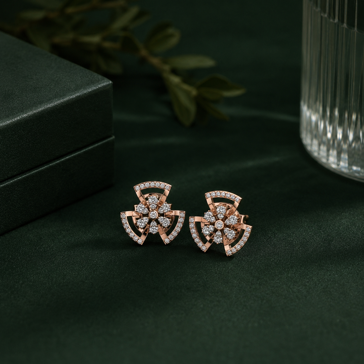 Radiant Floral Arc Diamond Stud Earrings
