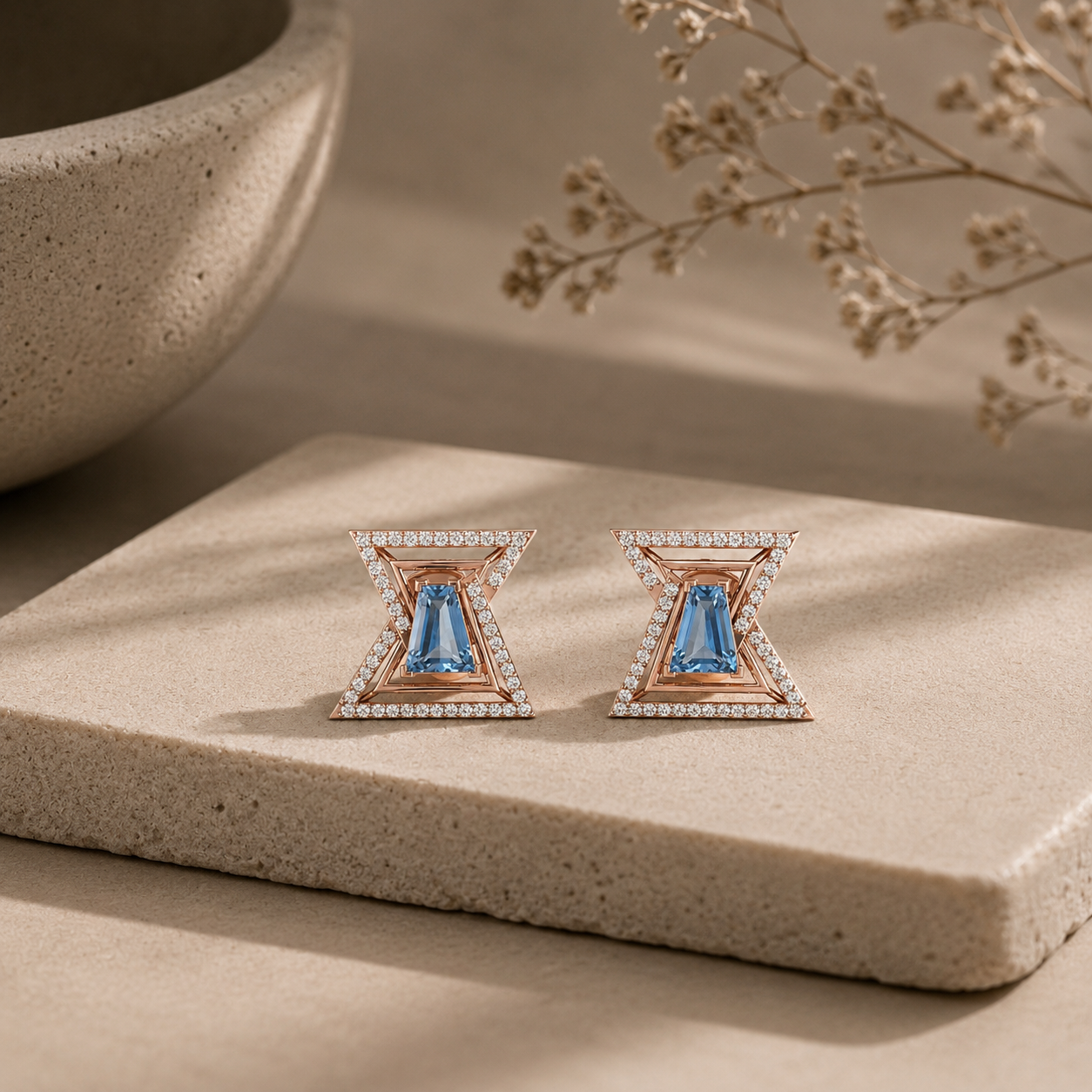 Geometric Halo Diamond Stud Earrings with Blue Gemstone