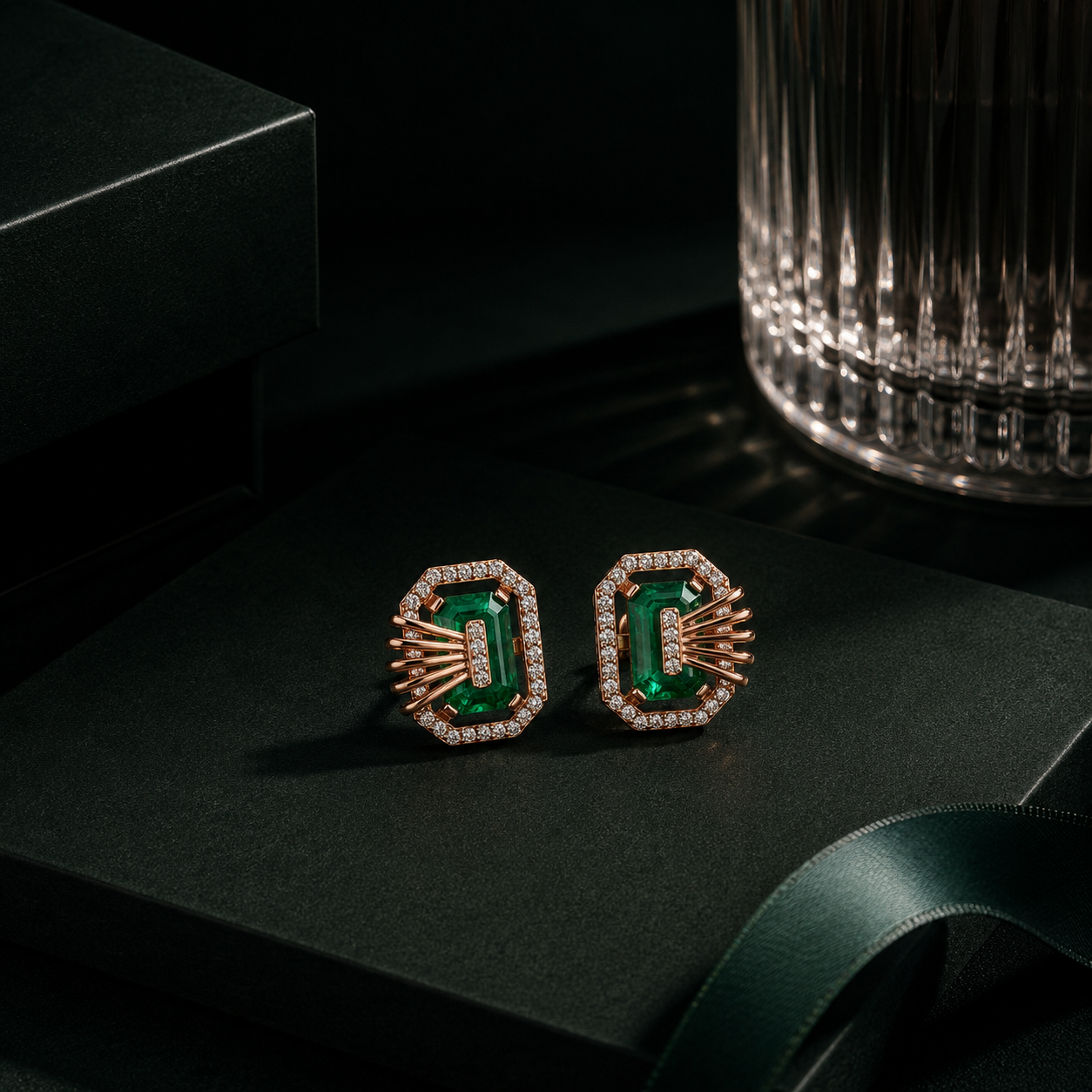 Emerald-Cut Green Stone & Diamond Stud Earrings