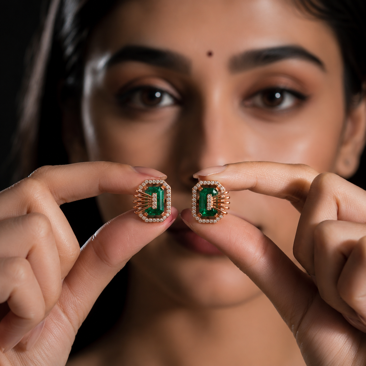 Emerald-Cut Green Stone & Diamond Stud Earrings