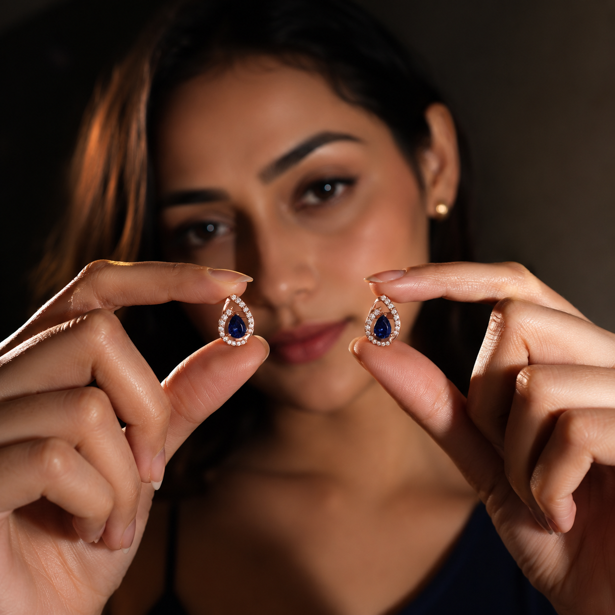 Pear-Shaped Blue Stone & Diamond Stud Earrings