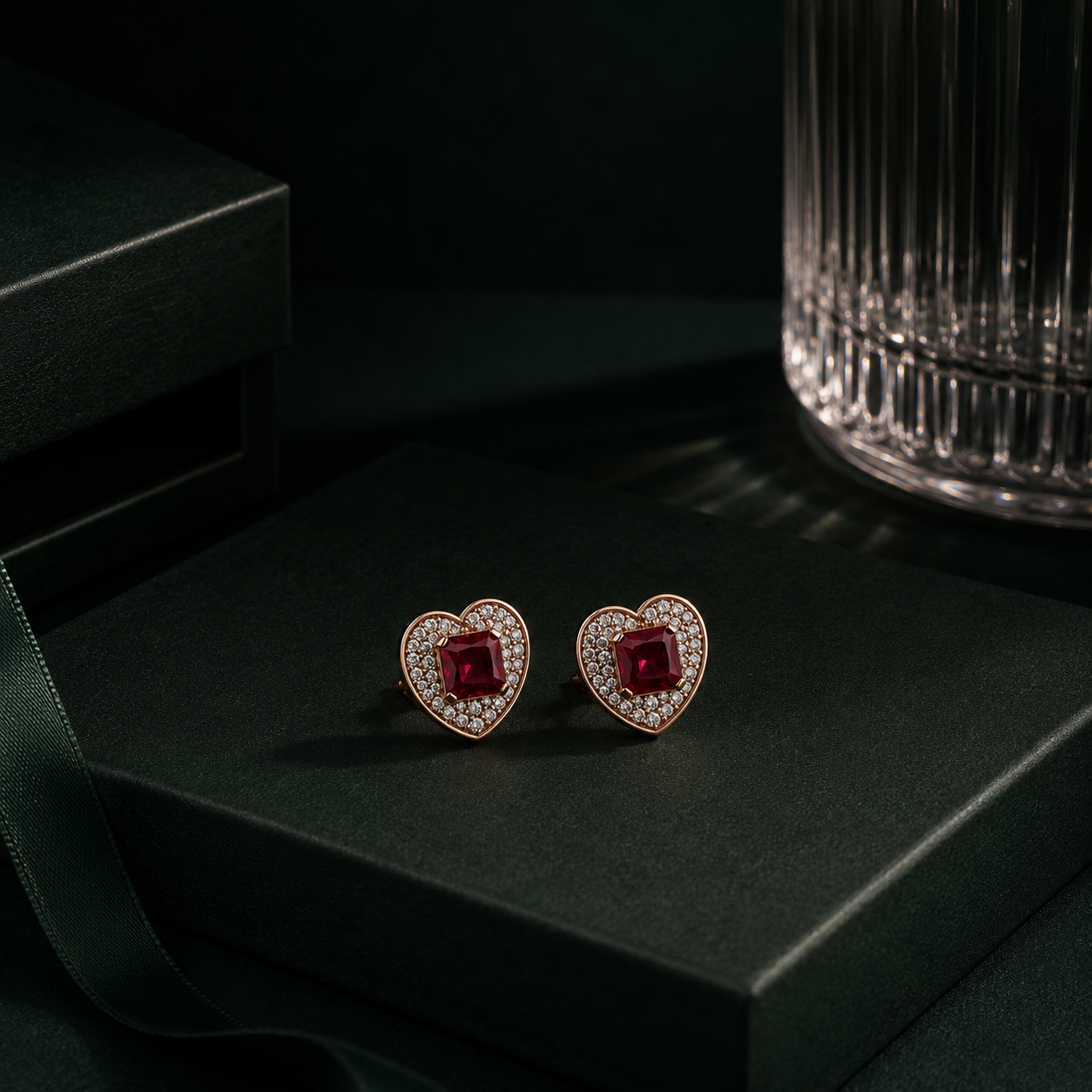 Heart-Shaped Ruby-Tone & Diamond Stud Earrings