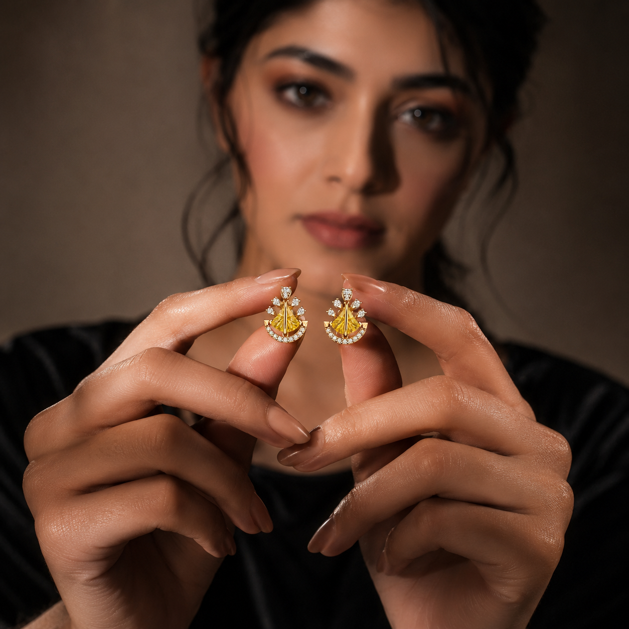 Yellow Fan-Shaped Gemstone & Diamond Stud Earrings