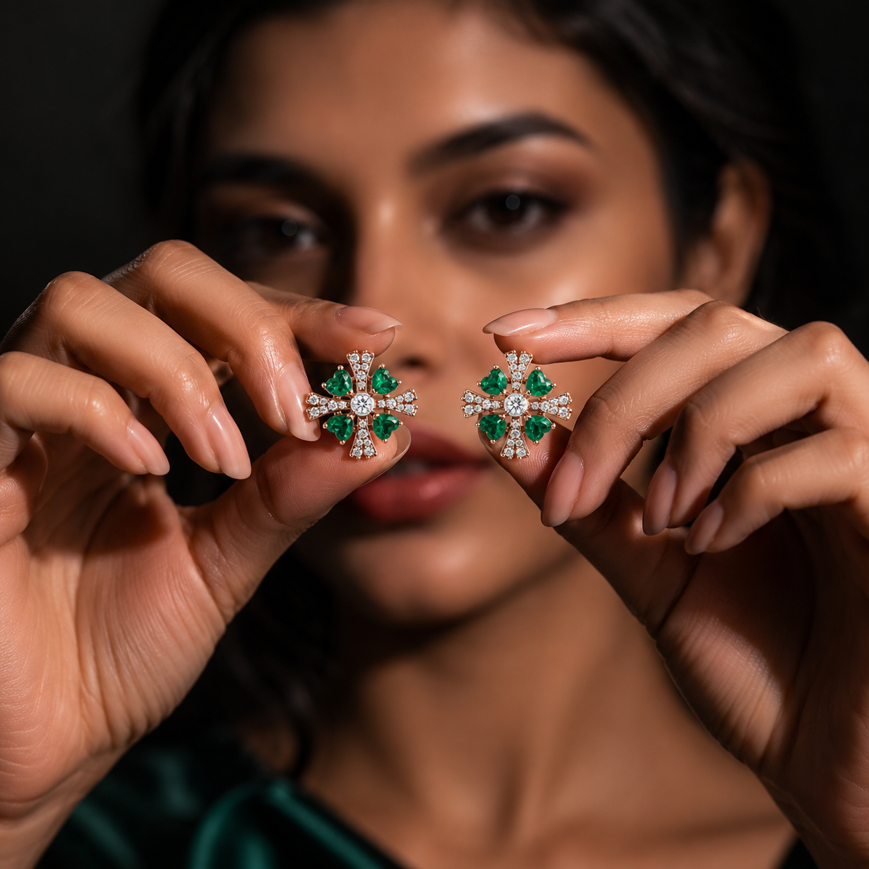 Floral Emerald & Diamond Stud Earrings
