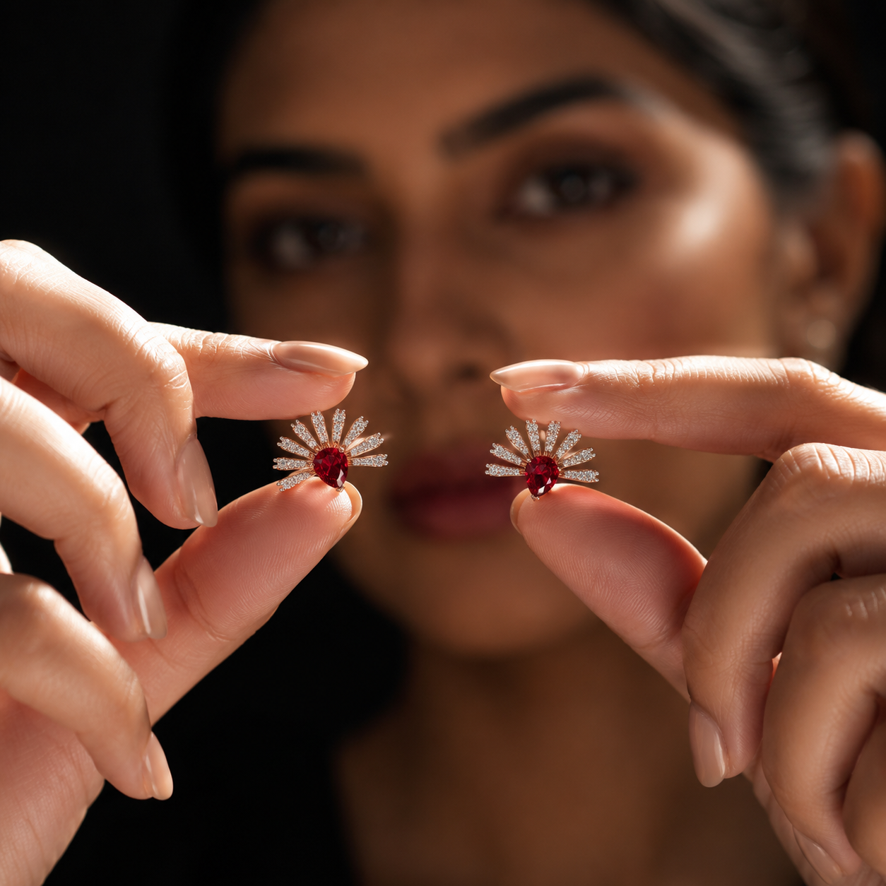 Radiant Ruby Sunburst Diamond Earrings