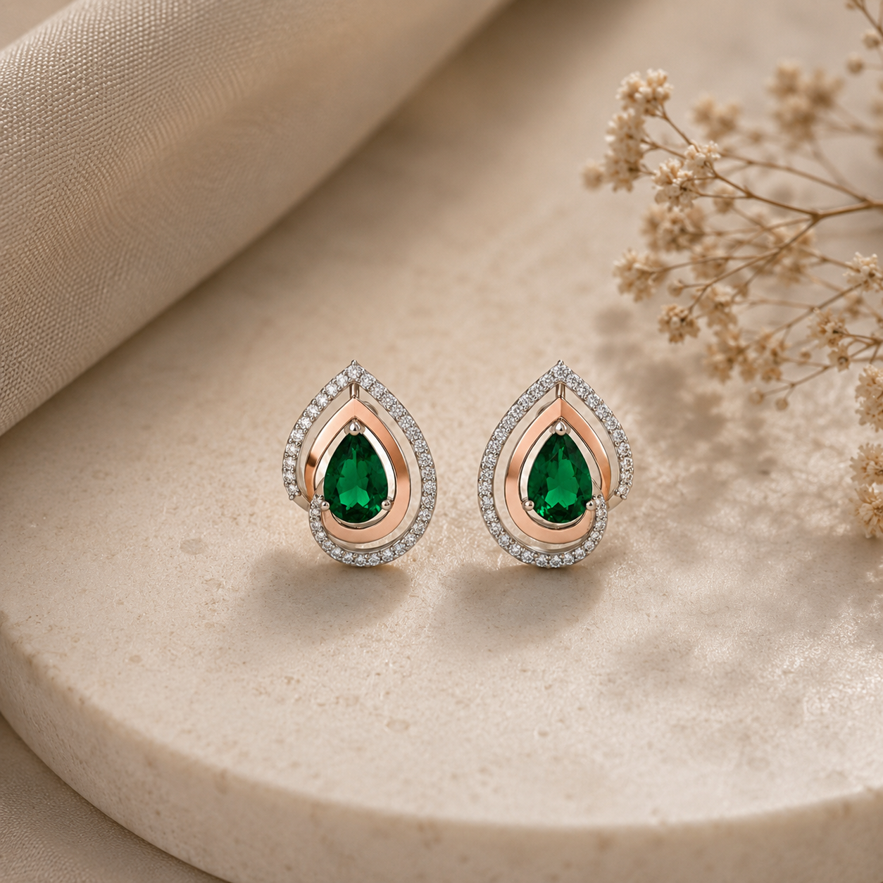 Pear Halo Diamond Stud Earrings with Green Gemstone