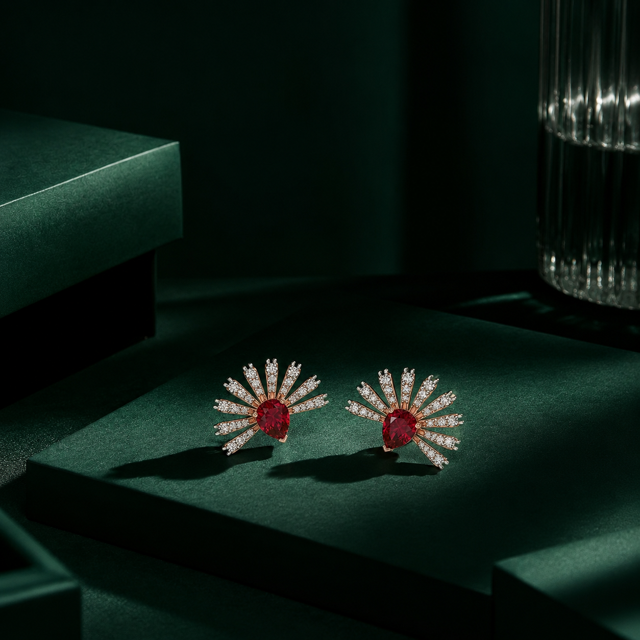 Radiant Ruby Sunburst Diamond Earrings