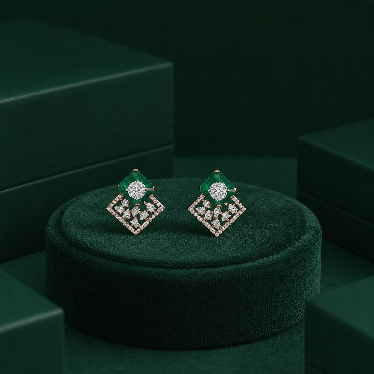 Emerald Princess Square Floral Diamond Earrings