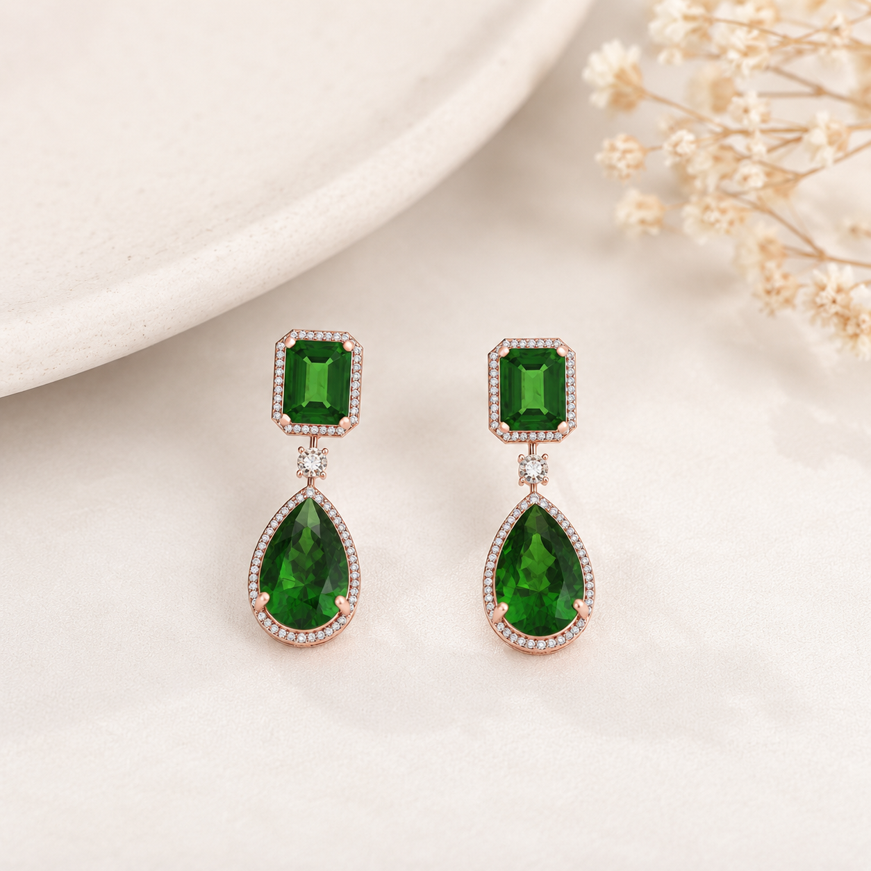 Emerald Halo Drop Statement Diamond Earrings