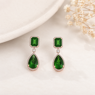 Emerald Halo Drop Statement Diamond Earrings
