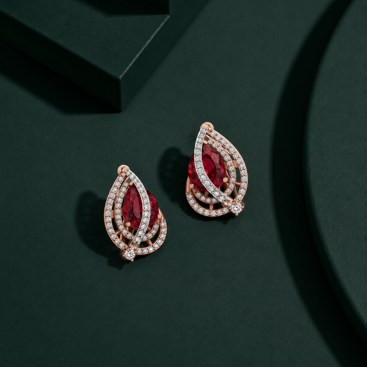 Elegant Wave Swirl Ruby Diamond Earrings