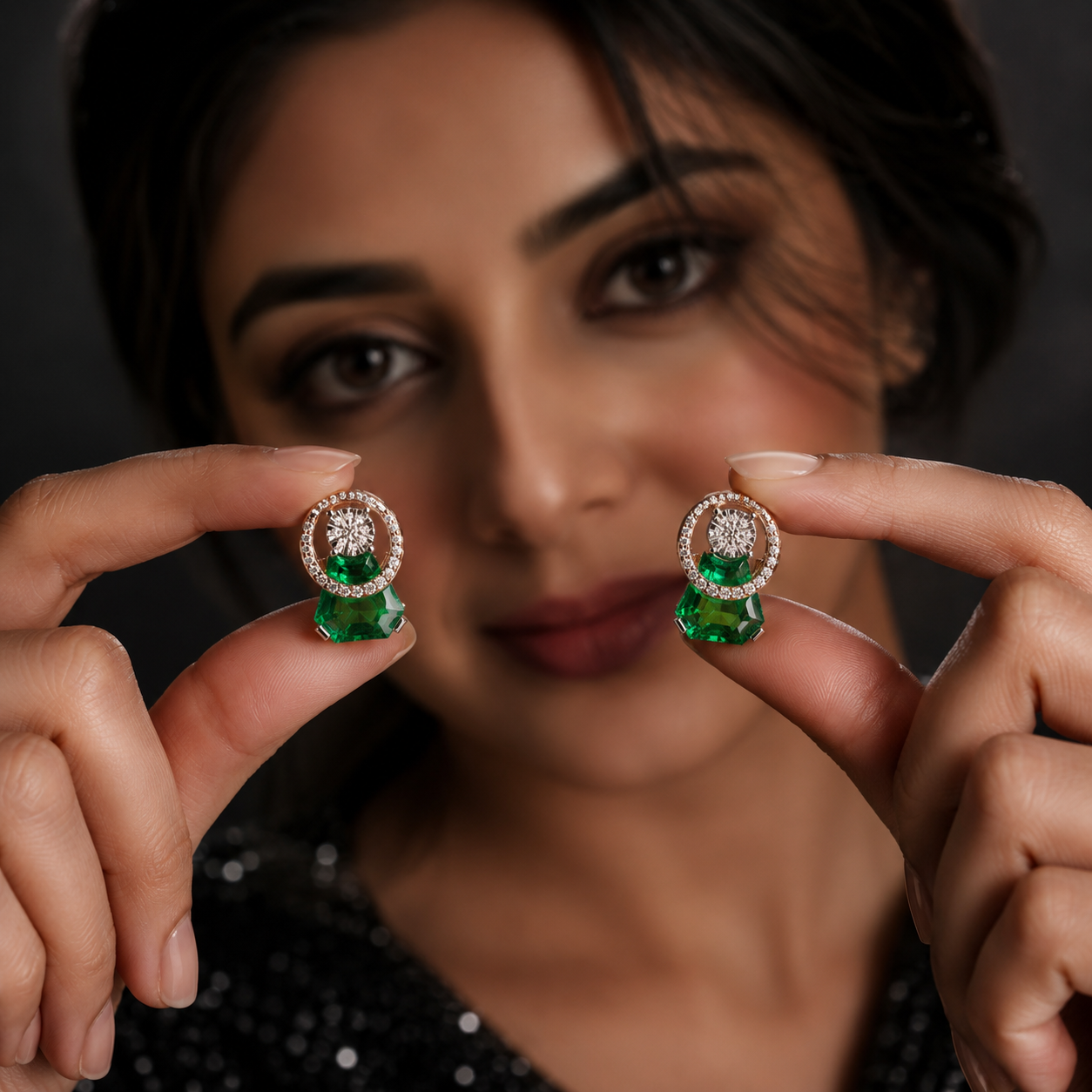 Modern Emerald Illusion Halo Diamond Earrings