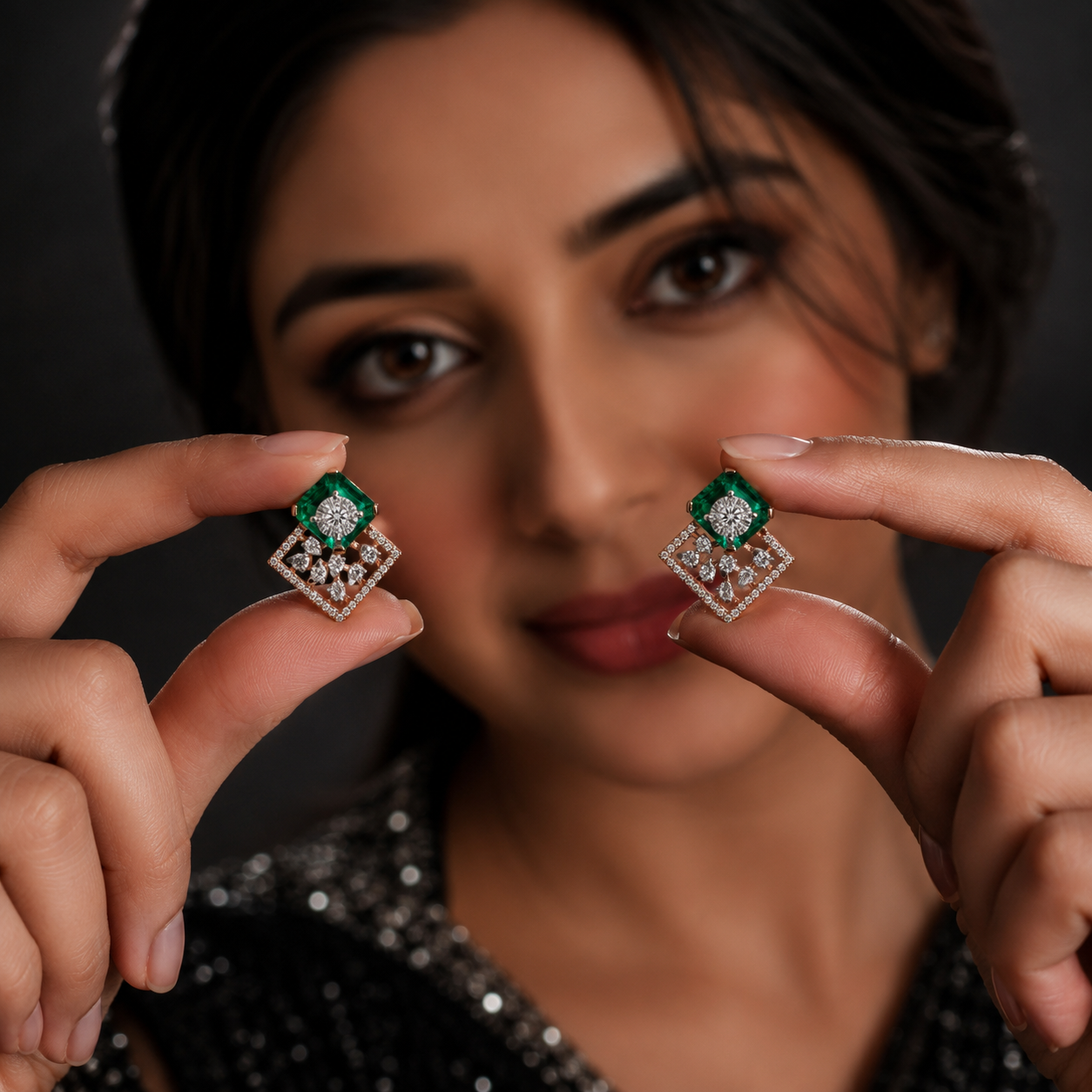 Emerald Princess Square Floral Diamond Earrings