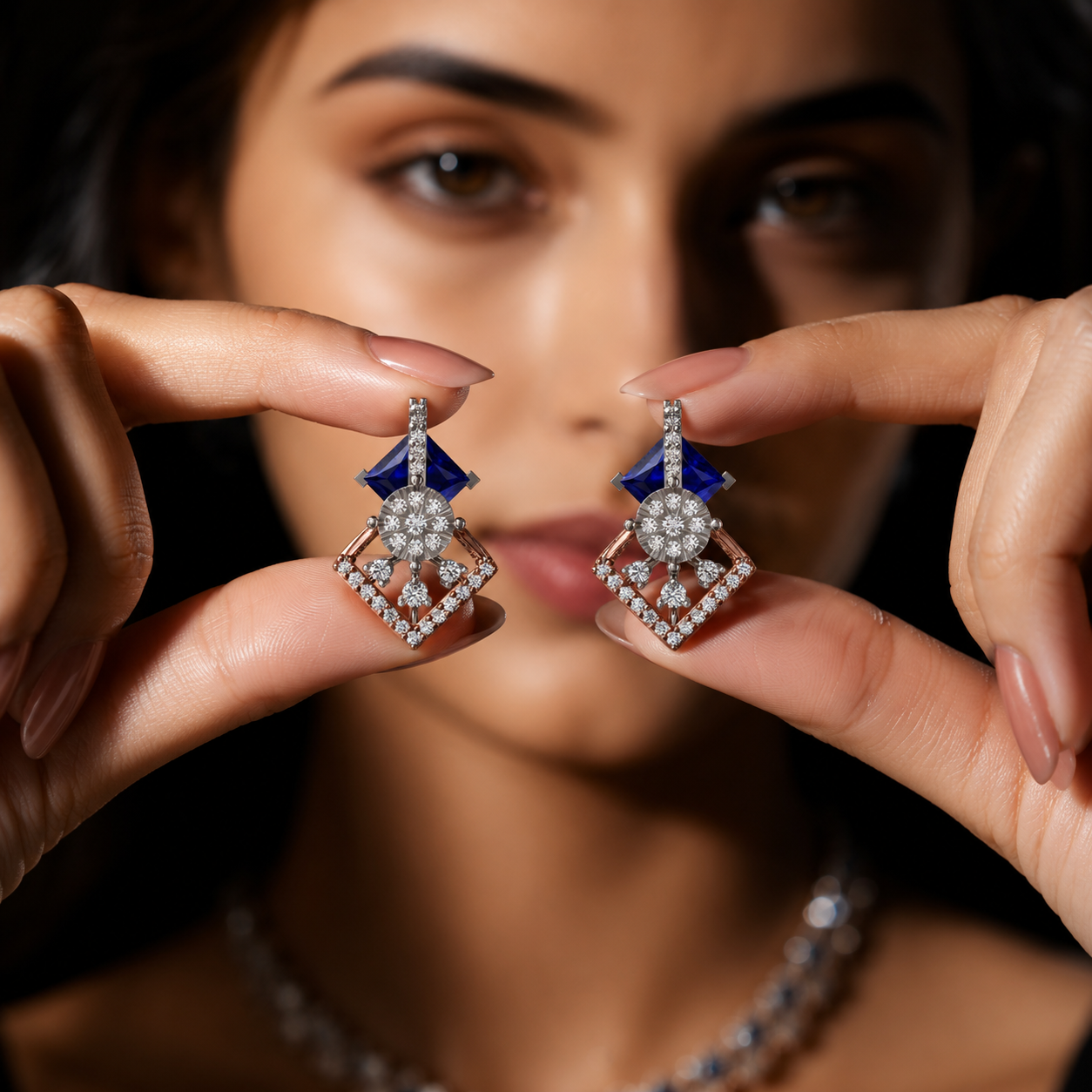 Royal Sapphire Princess Halo Diamond Earrings