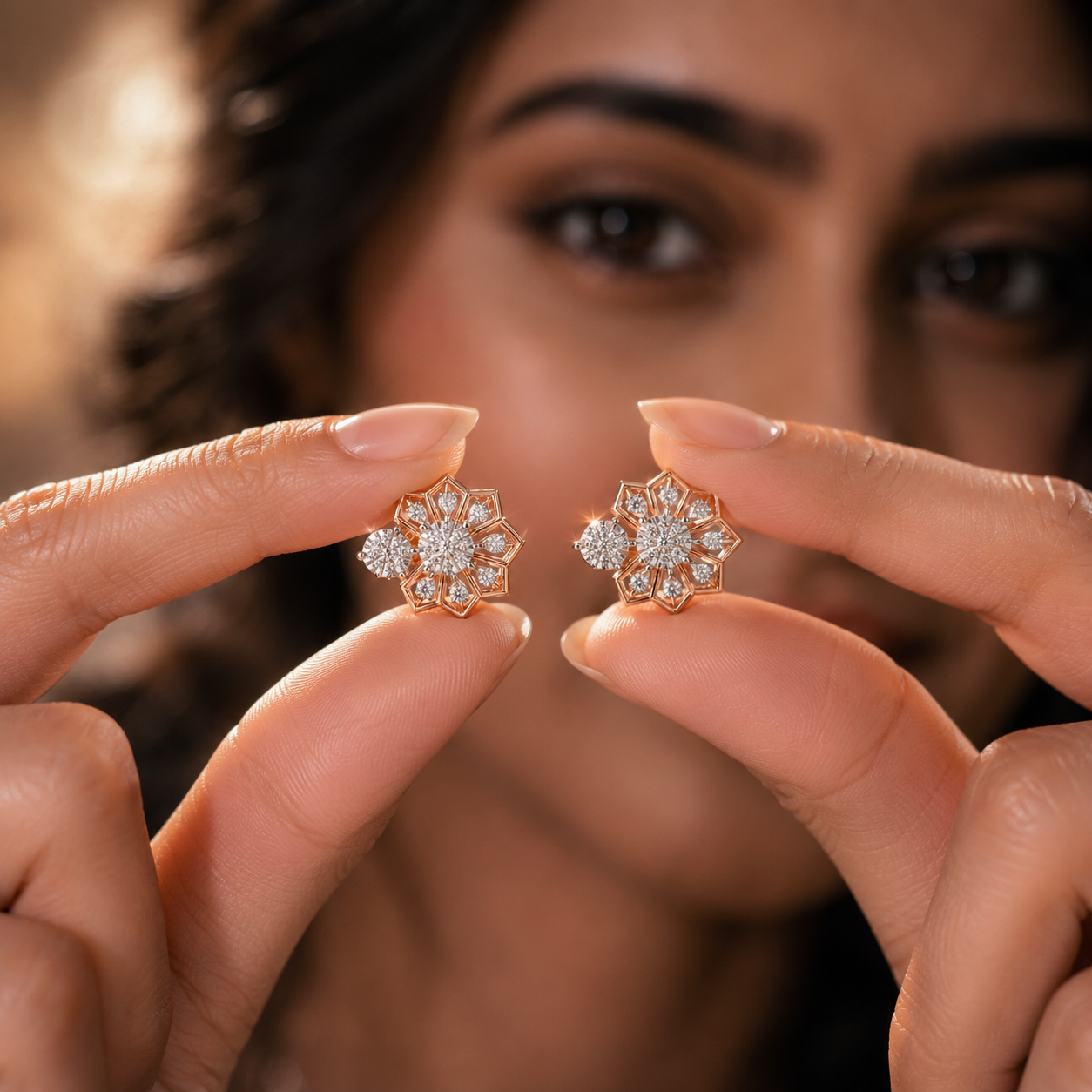 Hexa Petal Fan Cluster Diamond Earrings