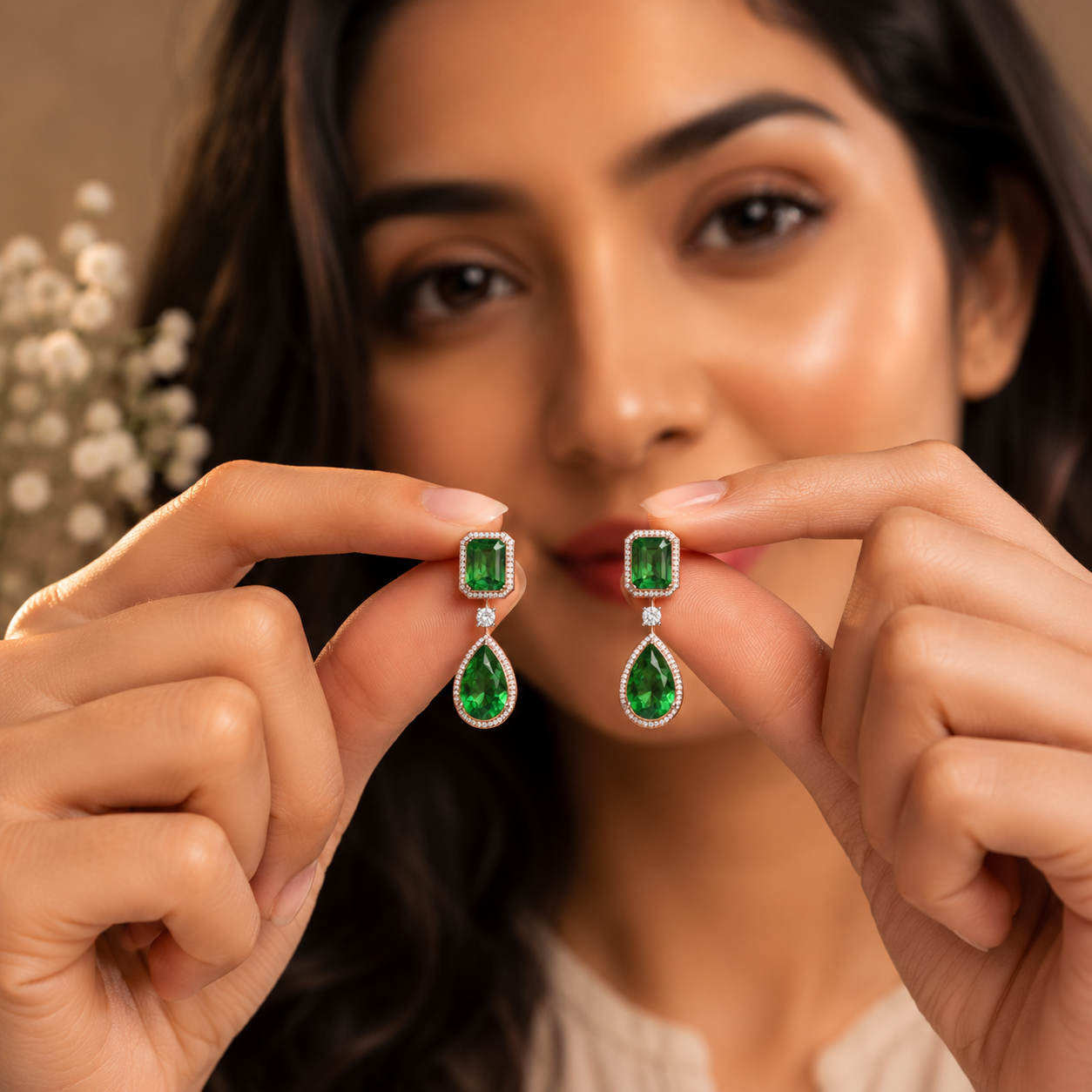 Emerald Halo Drop Statement Diamond Earrings