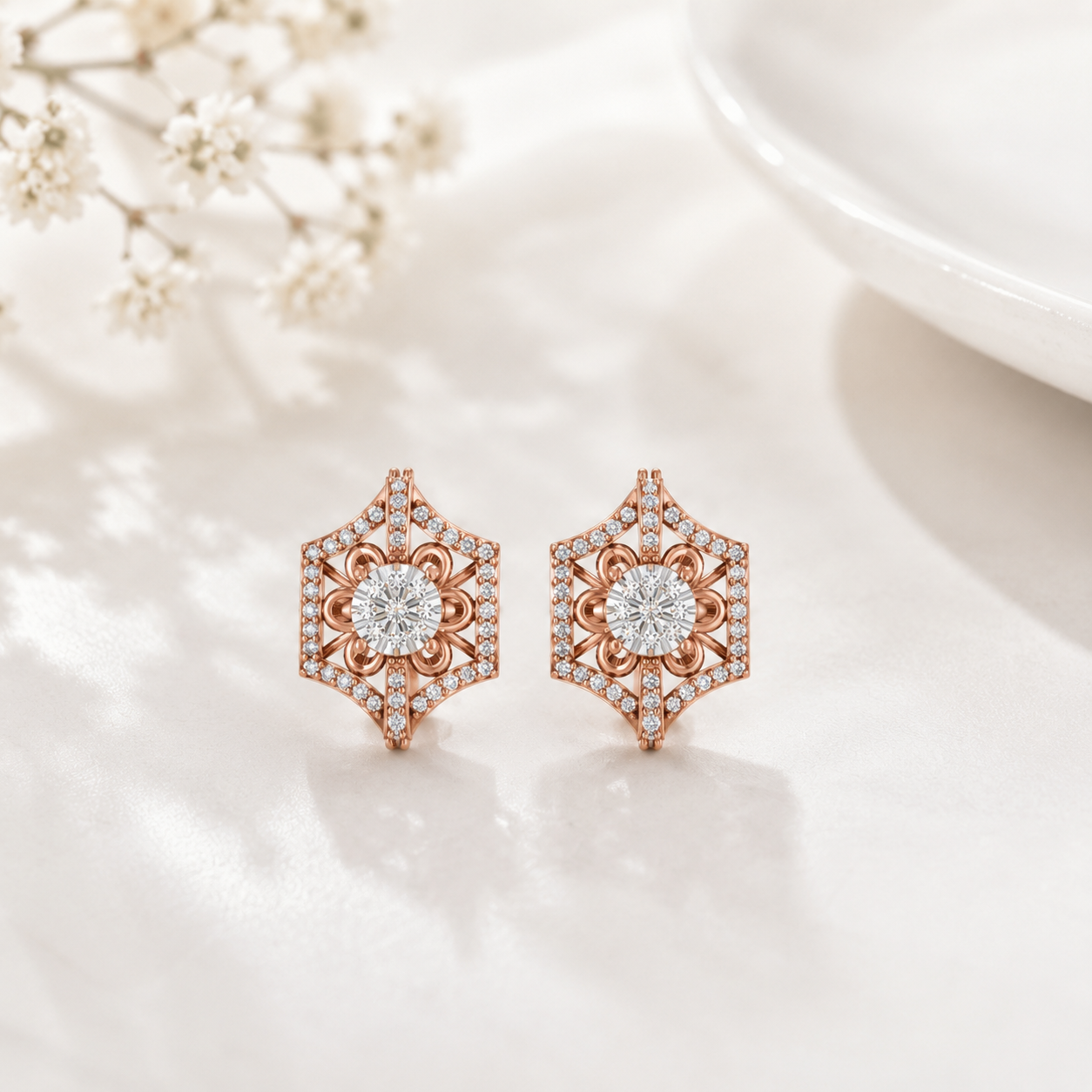 Regal Lotus Motif Diamond Cluster Earrings