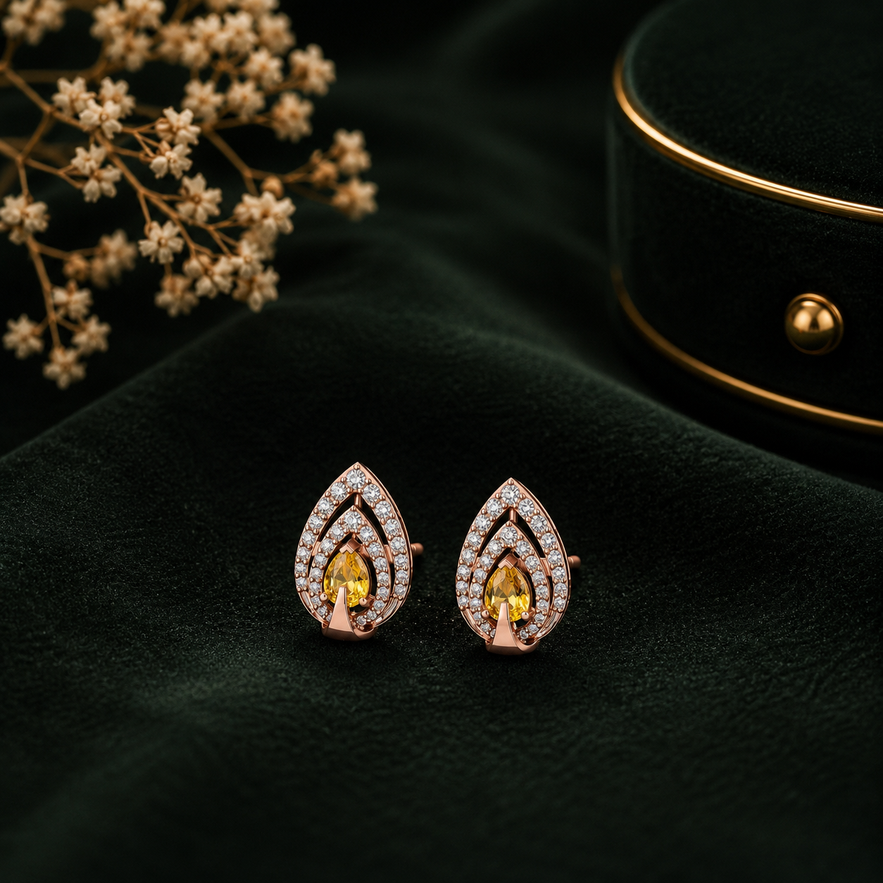Pear-Shaped Yellow Stone & Diamond Stud Earrings