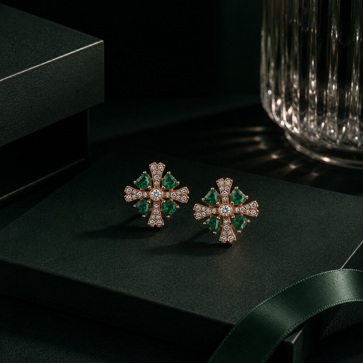 Floral Emerald & Diamond Stud Earrings