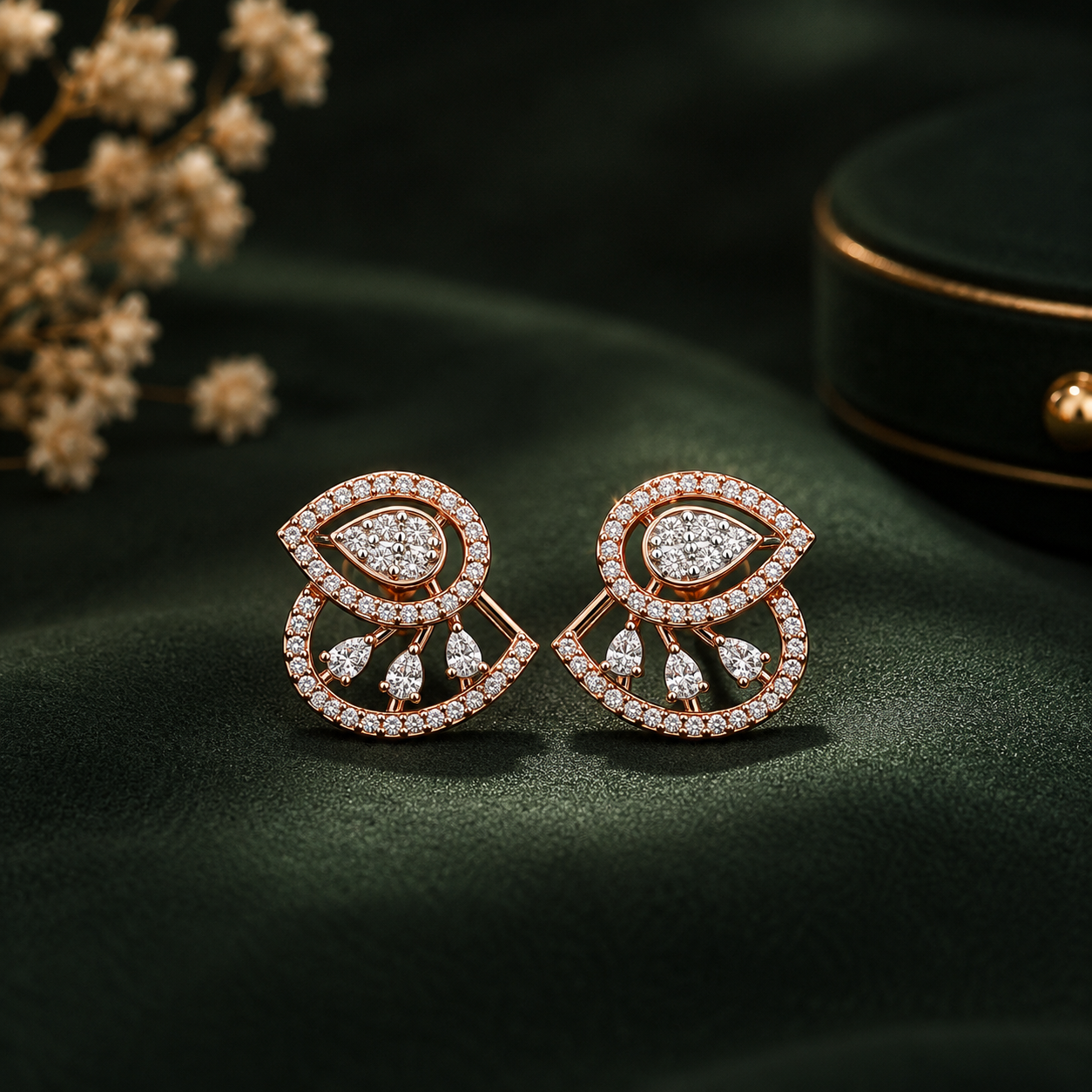 Dual Swirl Drop Cluster Diamond Earrings