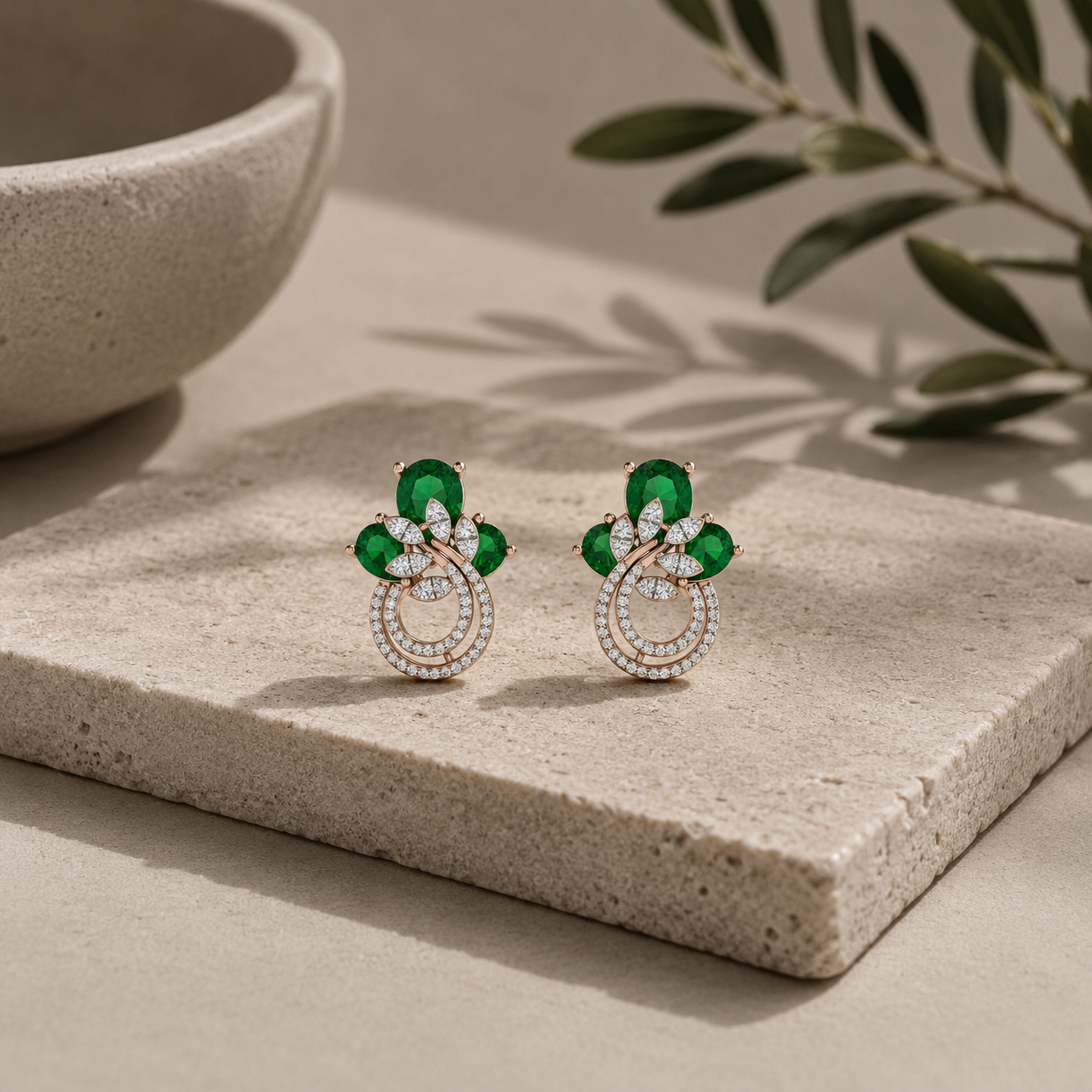 Emerald Cluster Diamond Designer Stud Earrings