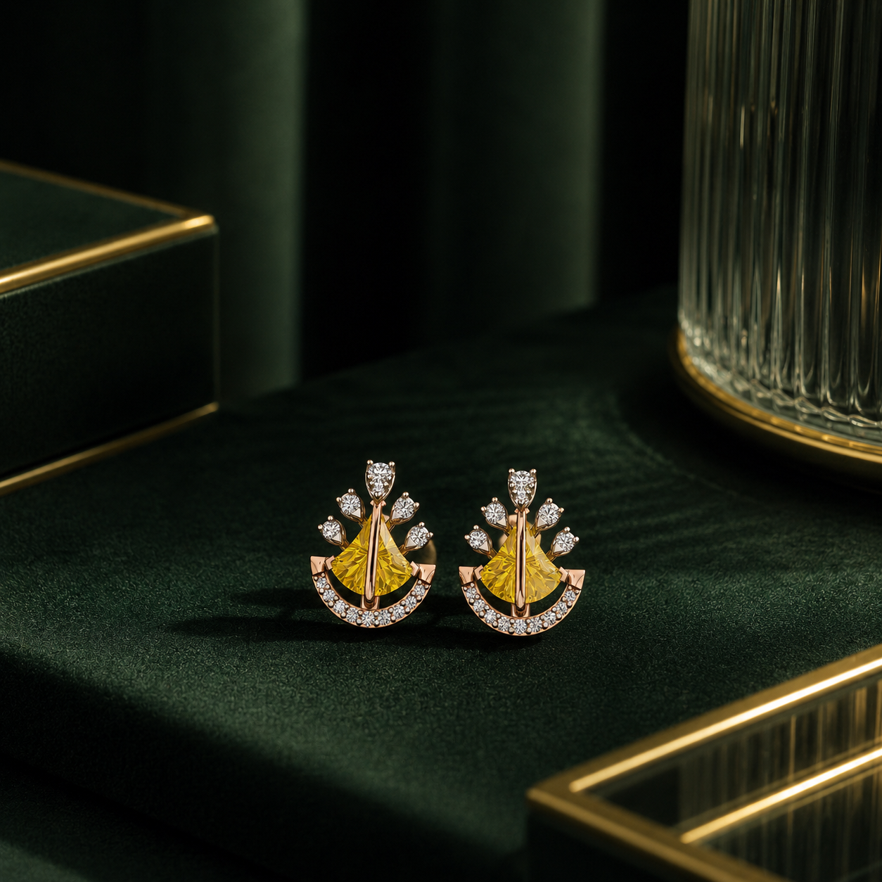 Yellow Fan-Shaped Gemstone & Diamond Stud Earrings