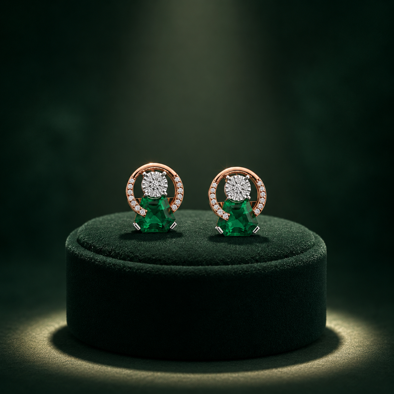 Modern Emerald Illusion Halo Diamond Earrings