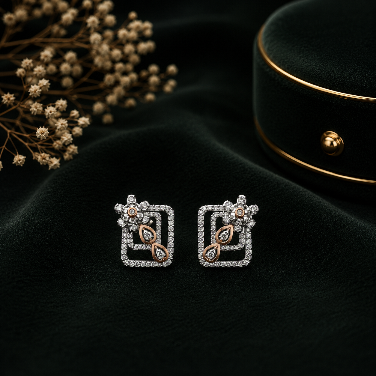 Floral Square Frame Diamond Stud Earrings