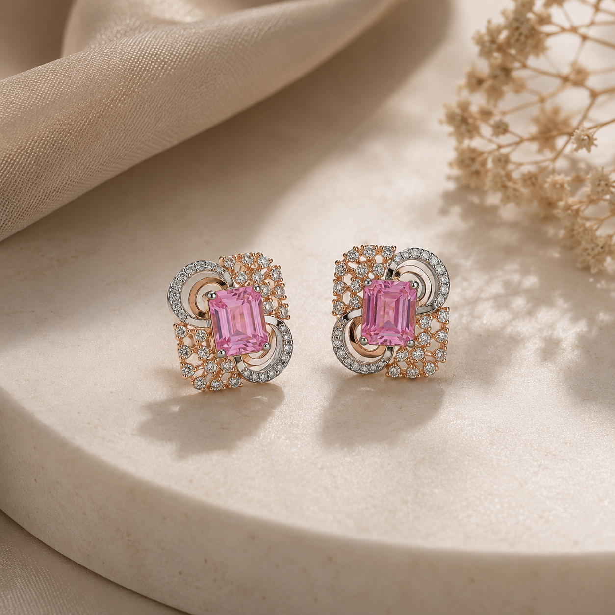 Pink Gemstone Diamond Designer Stud Earrings